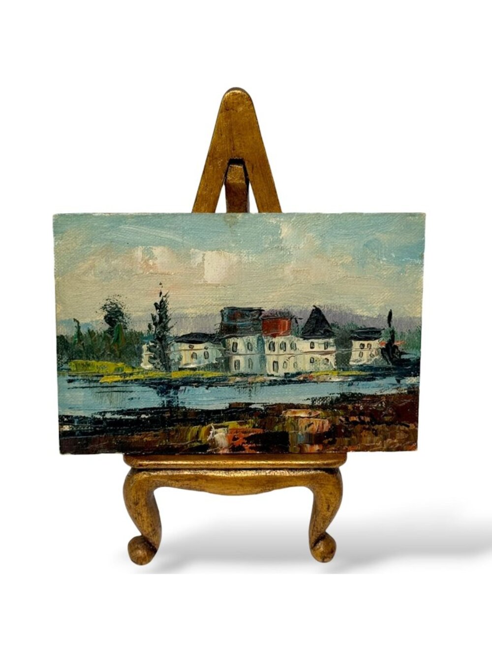 Vintage Miniature Landscape Painting with Wood Easel Original Art Decor